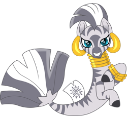 Size: 1280x1175 | Tagged: safe, artist:cloudy glow, artist:cloudyglow, imported from derpibooru, zecora, seapony (g4), zebra, blue eyes, bracelet, cute, dorsal fin, ear piercing, earring, female, fish tail, flowing tail, jewelry, looking at you, neck rings, piercing, regalia, ring, seabra, seaponified, seapony zecora, simple background, smiling, smiling at you, solo, species swap, stripes, tail, teeth, transparent background, zecorable