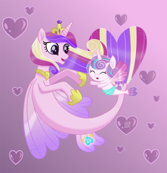 Size: 800x825 | Tagged: safe, artist:spring-heart, imported from derpibooru, princess cadance, princess flurry heart, alicorn, pony, seapony (g4), bubble, clothes, crown, cute, cutedance, dorsal fin, duo, eyes closed, female, fin wings, fish tail, flowing mane, flowing tail, heart, heart bubbles, hoof shoes, horn, jewelry, mother and child, mother and daughter, open mouth, open smile, pink background, purple eyes, regalia, seaponified, seapony cadance, seapony flurry heart, see-through, signature, simple background, smiling, species swap, swimming, tail, tiara, underwater, wings