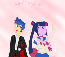 Size: 4096x3585 | Tagged: safe, artist:egtwiflash, imported from derpibooru, flash sentry, twilight sparkle, equestria girls, art, brad, clothes, cuties, female, flashlight, male, outfit, ponytail, sailor moon, shipping, straight, tuxedo mask