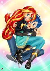 Size: 1000x1414 | Tagged: safe, artist:lord--opal, imported from derpibooru, flash sentry, sunset shimmer, human, equestria girls, blushing, clothes, female, flashimmer, human coloration, jacket, leather jacket, male, open mouth, shipping, smiling, straight