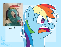 Size: 964x734 | Tagged: safe, artist:icecreamjaxxie, imported from derpibooru, rainbow dash, pegasus, pony, 2013, art evolution, digital art, expression, lined paper, marker drawing, mismatched eyes, redraw, scared, scaredy dash, screaming, shaking in fear, traditional art