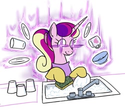 Size: 1083x954 | Tagged: safe, artist:jargon scott, imported from derpibooru, part of a set, princess cadance, alicorn, pony, cleaning, clothes, cup, dishes, female, gloves, glowing eyes, magic, mare, ponytail, princess of love, simple background, sink, telekinesis, white background