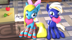 Size: 1920x1080 | Tagged: safe, artist:christian69229, imported from derpibooru, oc, oc only, oc:cuteamena, oc:electric blue, earth pony, pegasus, pony, 3d, apple, blushing, carrot, clothes, electricute, female, food, heart, hearts and hooves day, holiday, looking at you, male, mare, pegasus oc, shipping, sitting, socks, source filmmaker, stallion, striped socks, table, tongue out, valentine's day, wings