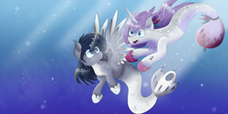 Size: 3464x1732 | Tagged: safe, artist:ginggercz, imported from derpibooru, oc, oc only, pegasus, pony, seapony (g4), unicorn, blue eyes, bubble, chest fluff, crepuscular rays, fish tail, flowing mane, hoof shoes, horn, ocean, open mouth, seaponified, smiling, species swap, sunlight, swimming, tail, underwater, water, wings