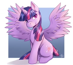 Size: 1400x1250 | Tagged: safe, artist:lou_art_93, imported from derpibooru, twilight sparkle, alicorn, pony, blue background, female, looking sideways, simple background, solo, spread wings, twilight sparkle (alicorn), wings