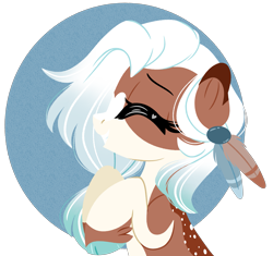 Size: 2883x2710 | Tagged: safe, artist:emberslament, imported from derpibooru, oc, oc only, oc:faline, deer, deer pony, original species, cloven hooves, deer oc, eyes closed, gradient mane, hair accessory, happy, lineless, smiling, solo, spots, white mane