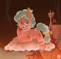 Size: 2048x1987 | Tagged: safe, artist:raph13th, imported from derpibooru, cozy glow, pegasus, pony, burning, cloud, commission, commissioner:reversalmushroom, evil, evil grin, fire, grin, pure concentrated unfiltered evil of the utmost potency, pure unfiltered evil, small wings, smiling, smoke, solo, wings