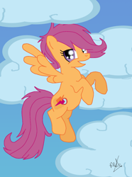 Size: 1024x1377 | Tagged: safe, artist:miesdo, imported from derpibooru, scootaloo, pegasus, pony, adult, cloud, cloudy, cute, cutealoo, cutie mark, eye contact, female, flying, looking at each other, mare, older, older scootaloo, open mouth, scootaloo can fly, sky, sky background, smiling