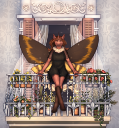 Size: 2825x3024 | Tagged: safe, artist:artmael sverr, imported from derpibooru, oc, oc only, oc:flechette, anthro, changeling, insect, moth, mothling, original species, balcony, flower, pot, red changeling, sitting, species swap, wings
