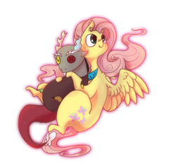 Size: 1024x965 | Tagged: safe, artist:lucitfandmlp, imported from derpibooru, discord, fluttershy, draconequus, pegasus, pony, button eyes, ear fluff, female, head turned, holding, looking away, looking up, mare, plushie, simple background, smiling, solo, spread wings, transparent background, turned head, wings