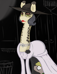 Size: 612x792 | Tagged: artist needed, safe, artist:spagootis pootis, artist:spagootispootis, imported from derpibooru, giraffe, pony, clothes, lady dimitrescu, lipstick, ponified, resident evil 8