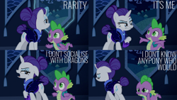Size: 1986x1117 | Tagged: safe, edit, edited screencap, editor:quoterific, imported from derpibooru, screencap, rarity, spike, dragon, pony, unicorn, season 5, the cutie re-mark, backpack, duo, eyes closed, female, glowing horn, gritted teeth, horn, magic, magic aura, male, open mouth, puppy dog eyes, rarity is not amused, rejected, sad, surprised, teeth, unamused, walking