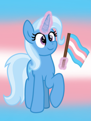 Size: 899x1200 | Tagged: safe, artist:froyo15sugarblast, imported from derpibooru, trixie, pony, unicorn, female, gender headcanon, gradient background, headcanon, lgbt headcanon, magic, magic aura, male to female, pride, pride flag, raised hoof, rule 63, solo, trans female, trans trixie, transgender, transgender pride flag