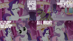 Size: 1986x1117 | Tagged: safe, edit, edited screencap, editor:quoterific, imported from derpibooru, screencap, rarity, sweetie belle, pony, unicorn, season 3, sleepless in ponyville, :c, angry, duo, duo female, eyes closed, female, frown, gritted teeth, open mouth, puppy dog eyes, rarity is not amused, sad, solo, teeth, unamused, worried