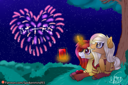 Size: 3000x2000 | Tagged: safe, artist:spokenmind93, imported from derpibooru, oc, oc only, oc:misty, oc:misty tailwind, oc:mystic fire, bat pony, hybrid, kirin, pony, zebra, bat pony oc, bat wings, cute, female, fireworks, gem, heart, kirin oc, lesbian, mistfire, night, oc x oc, patreon, patreon logo, shipping, smiling, spell card, stars, tree, wings, zebra kirin