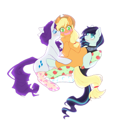Size: 2500x2500 | Tagged: safe, artist:the-cat1, imported from derpibooru, applejack, coloratura, rarity, earth pony, pony, unicorn, applejack gets all the mares, applejack's hat, blushing, cheek kiss, clothes, colorarijack, commission, cowboy hat, dress, eyes closed, eyeshadow, female, flustered, hat, hug, kiss on the cheek, kissing, lesbian, makeup, mare, open mouth, polygamy, rarajack, rarararara, rarijack, shipping, simple background, socks, thigh highs, transparent background, ych result