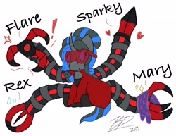 Size: 2048x1577 | Tagged: safe, artist:blazep0ny, imported from derpibooru, oc, oc:scarlet, pony, unicorn, angry, chibi, cute, doctor octopus, emotional, emotions, evil, fashion, love, robotic arm, sitting, tentacles