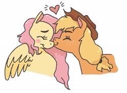 Size: 2526x1857 | Tagged: safe, artist:p0werfulman, imported from derpibooru, applejack, fluttershy, earth pony, pegasus, pony, appleshy, blushing, bust, cowboy hat, female, hat, heart, kiss, kissing, lesbian, nose kiss, shipping, simple background, white background