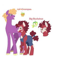 Size: 2159x2221 | Tagged: safe, artist:aztrial, imported from derpibooru, little mac, oc, oc:big buckshot, oc:lil' crumpet, earth pony, unicorn, clothes, male, nonbinary, offspring, overalls, parent:big macintosh, parent:sugar belle, parents:sugarmac