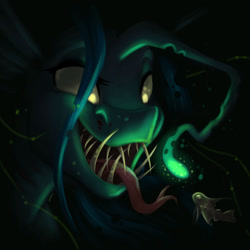 Size: 1920x1920 | Tagged: safe, artist:faline-art, imported from derpibooru, queen chrysalis, angler fish, changeling, changeling queen, fish, pony, seapony (g4), bioluminescent, bubble, dark, evil grin, fangs, female, glow, glowing, glowing eyes, grin, menacing, ocean, open mouth, seaponified, seapony chrysalis, signature, smiling, solo, species swap, teeth, tongue out, underwater, water