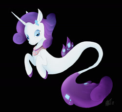 Size: 1854x1693 | Tagged: safe, artist:batdanza, imported from derpibooru, rarity, pony, seapony (g4), unicorn, black background, blue eyes, colored pupils, diamond, dorsal fin, female, fins, fish tail, flowing mane, flowing tail, horn, jewelry, lidded eyes, looking at you, necklace, seaponified, seapony rarity, signature, simple background, smiling, smiling at you, solo, species swap, tail