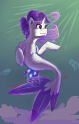 Size: 1950x3075 | Tagged: safe, artist:double-zr-tap, imported from derpibooru, rarity, jellyfish, pony, seapony (g4), unicorn, blue eyes, crepuscular rays, dorsal fin, female, fish tail, flowing mane, flowing tail, glow, glowing, horn, ocean, seaponified, seapony rarity, shadow, smiling, solo, species swap, sunlight, swimming, tail, underwater, water