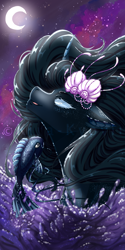 Size: 1000x2000 | Tagged: safe, artist:kira-kyovii, imported from derpibooru, oc, oc only, fish, seapony (g4), black mane, blue eyes, commission, female, flower, flower in hair, flowing mane, looking up, moon, moonlight, night, ocean, open mouth, sky, smiling, solo, stars, water, watermark