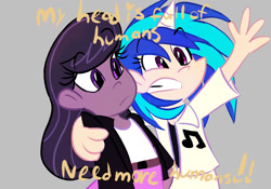 Size: 1280x896 | Tagged: safe, artist:mirabuncupcakes15, imported from derpibooru, dj pon-3, octavia melody, vinyl scratch, cat, human, belt, clothes, dark skin, duo, female, gray background, gritted teeth, horn, horned humanization, hug, humanized, jacket, shirt, simple background, skirt, t-shirt