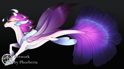 Size: 3288x1824 | Tagged: safe, artist:phoeberia, imported from derpibooru, queen novo, seapony (g4), my little pony: the movie, bioluminescent, black background, clothes, colored pupils, crown, dorsal fin, female, fins, fish tail, flowing tail, glow, glowing, jewelry, lidded eyes, logo, long tail, purple eyes, purple wings, queen, regalia, see-through, simple background, smiling, solo, swimming, tail, wings