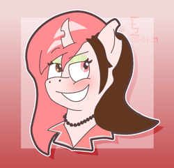 Size: 1112x1072 | Tagged: safe, artist:icecreamjaxxie, imported from derpibooru, changeling, pony, unicorn, blushing, bust, changelingified, crossover, dreamworks face, female, heterochromia, jewelry, mare, necklace, neopolitan, pink changeling, ponified, rwby, smiling, smug, solo, species swap