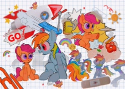 Size: 1754x1240 | Tagged: safe, artist:poneko-chan, imported from derpibooru, rainbow dash, scootaloo, pegasus, pony, bandaid, cute, cutealoo, dashabetes, female, filly, mare, paper airplane, rocket, scooter, scrapbook aesthetic