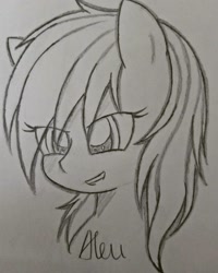 Size: 1080x1350 | Tagged: safe, artist:aleuoliver, imported from derpibooru, rainbow dash, pegasus, pony, eyelashes, female, grayscale, grin, lineart, mare, monochrome, signature, smiling, solo, traditional art