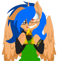 Size: 3800x4000 | Tagged: safe, artist:juliet-gwolf18, imported from derpibooru, oc, oc only, alicorn, pony, alicorn oc, bust, clothes, eyelashes, eyes on the prize, female, glasses, glowing eyes, grin, hoof hold, horn, mare, smiling, solo, tattoo, triforce, wings