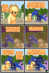 Size: 1600x2379 | Tagged: safe, artist:gutovi, imported from derpibooru, applejack, princess luna, twilight sparkle, alicorn, earth pony, pony, comic:why me!?, alternate ending, bedroom eyes, comic, female, floppy ears, hat, lesbian, lunajack, shipping, show accurate, sweet apple acres, tree, twilight sparkle (alicorn)
