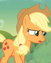 Size: 520x639 | Tagged: safe, screencap, applejack, earth pony, pony, feeling pinkie keen, looking sideways, solo, stare, suspicious