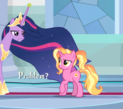 Size: 956x843 | Tagged: safe, edit, edited screencap, editor:i-shooped-a-pwny, imported from derpibooru, screencap, luster dawn, twilight sparkle, alicorn, pony, unicorn, derpibooru, the last problem, ball, confused, cropped, crown, duo, duo female, ethereal mane, faic, female, hilarious in hindsight, hoof shoes, horn, horn cap, horn guard, horn impalement, hornball, indoors, jewelry, juxtaposition, mare, meme, meta, older, older twilight, princess twilight 2.0, problem, regalia, smiling, starry mane, teeth, tennis ball, trollight sparkle, twilight sparkle (alicorn)