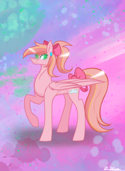 Size: 1772x2416 | Tagged: safe, artist:jane969, artist:janeblood969, imported from derpibooru, oc, oc only, oc:ruby sunshine, pegasus, +bow, +oc only, +pegasus, bow, ear piercing, earring, jewelry, piercing