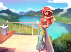 Size: 1834x1348 | Tagged: safe, artist:sugarlesspaints, imported from derpibooru, sunset shimmer, human, equestria girls, alcohol, balcony, bottle, breasts, busty sunset shimmer, champagne, champagne bucket, champagne glass, champagne on ice, clothes, dress, ear piercing, earring, female, human coloration, jewelry, lake, looking at you, multiple variants, piercing, ring, scenery, smiling, solo, table, wine