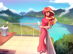 Size: 1834x1348 | Tagged: safe, alternate version, artist:sugarlesspaints, imported from derpibooru, sunset shimmer, human, equestria girls, alcohol, balcony, bottle, breasts, busty sunset shimmer, champagne, champagne bucket, champagne glass, champagne on ice, clothes, dress, ear piercing, earring, evening gown, female, human coloration, jewelry, lake, looking at you, mountain, mountain range, multiple variants, piercing, ring, scenery, smiling, solo, table, wine