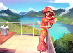 Size: 1834x1348 | Tagged: safe, alternate version, artist:sugarlesspaints, imported from derpibooru, sunset shimmer, human, equestria girls, alcohol, balcony, beautiful, bottle, breasts, busty sunset shimmer, champagne, champagne bucket, champagne glass, champagne on ice, cleavage, clothes, dress, ear piercing, earring, featured image, female, human coloration, jewelry, lake, looking at you, mountain, mountain range, multiple variants, piercing, ring, river, scenery, scenery porn, sexy, smiling, solo, stupid sexy sunset shimmer, table, water, wine, woman