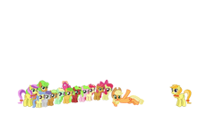 Size: 1024x521 | Tagged: safe, artist:starryoak, imported from derpibooru, apple bloom, apple crumble, apple flora, apple mint, apple squash, apple top, applejack, babs seed, jonagold, lavender fritter, liberty belle, marmalade jalapeno popette, pomegranate (character), pomegranate (g4), red june, sweet tooth, tornado bolt, violet fritter, earth pony, pony, unicorn, apple bloom's bow, apple family member, applejack's hat, background pony, bow, braided pigtails, braided tail, candy caramel tooth, cowboy hat, cutie mark, female, filly, freckles, grin, hair bow, hat, hurricane storm, mare, nose in the air, open mouth, simple background, smiling, transparent background, twisty doo, wip