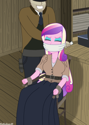 Size: 1280x1792 | Tagged: safe, artist:robukun, imported from derpibooru, princess cadance, equestria girls, belt, bondage, cloth gag, clothes, dean cadance, eyes closed, gag, gagging, long skirt, skirt, tied to chair, tied up