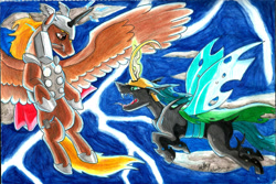 Size: 2202x1469 | Tagged: safe, artist:armorwing, imported from derpibooru, alicorn, changeling, changeling queen, pony, alicornified, brothers, female, flying, helmet, horn, lightning, loki, male, open mouth, ponified, race swap, siblings, stallion, thor, traditional art, wings