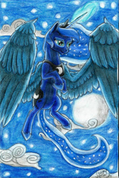 Size: 1095x1638 | Tagged: safe, artist:armorwing, imported from derpibooru, princess luna, alicorn, pony, cloud, female, flying, full moon, glowing horn, hoof shoes, horn, jewelry, mare, moon, night, solo, stars, tiara, traditional art