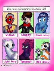 Size: 768x1024 | Tagged: safe, artist:artsymlp12, imported from derpibooru, tempest shadow, dragon, light fury, pony, robot, unicorn, six fanarts, my little pony: the movie, bb-8, broken horn, bust, clothes, crossed arms, crossover, doll, eye scar, female, friendship student, goosebumps, horn, how to train your dragon, looking back, male, mare, marvel, monsters university, open mouth, scar, scarf, slappy the dummy, smiling, star wars, toy, vision, vision (marvel comics), vision (marvel)