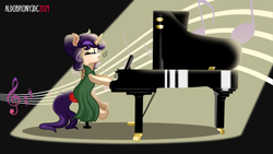 Size: 1920x1080 | Tagged: safe, artist:aldobronyjdc, imported from derpibooru, oc, oc only, oc:melody verve, pony, unicorn, digital art, female, music, music notes, musical instrument, piano, playing piano, simple background, singing, solo, solo female, spotlight