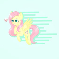 Size: 768x768 | Tagged: safe, artist:cinnavee, imported from derpibooru, fluttershy, pegasus, pony, abstract background, female, heart, mare, raised hoof, solo, wings
