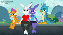 Size: 8000x4500 | Tagged: safe, artist:metalhead97, imported from derpibooru, gallus, smolder, oc, oc:bonnie, oc:endymion, anthro, dragon, griffon, rabbit, animal, anthro oc, bonnie, bowtie, canon x oc, clothes, commission, crossed legs, dragoness, female, furry, group, group photo, holding hands, husband and wife, implied shipping, lidded eyes, looking at you, male, non-mlp oc, oc x oc, pants, shipping, show accurate, sitting, skirt, smiling, smiling at you, tail, valley, wife