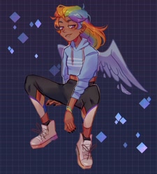 Size: 1444x1602 | Tagged: safe, artist:cinnavee, imported from derpibooru, rainbow dash, human, abstract background, clothes, dark skin, ear piercing, female, hoodie, humanized, pants, piercing, shoes, smiling, winged humanization, wings
