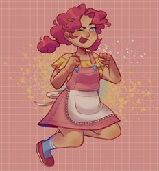 Size: 1551x1671 | Tagged: safe, artist:cinnavee, imported from derpibooru, pinkie pie, human, abstract background, apron, clothes, dress, female, humanized, one eye closed, shoes, solo, wink